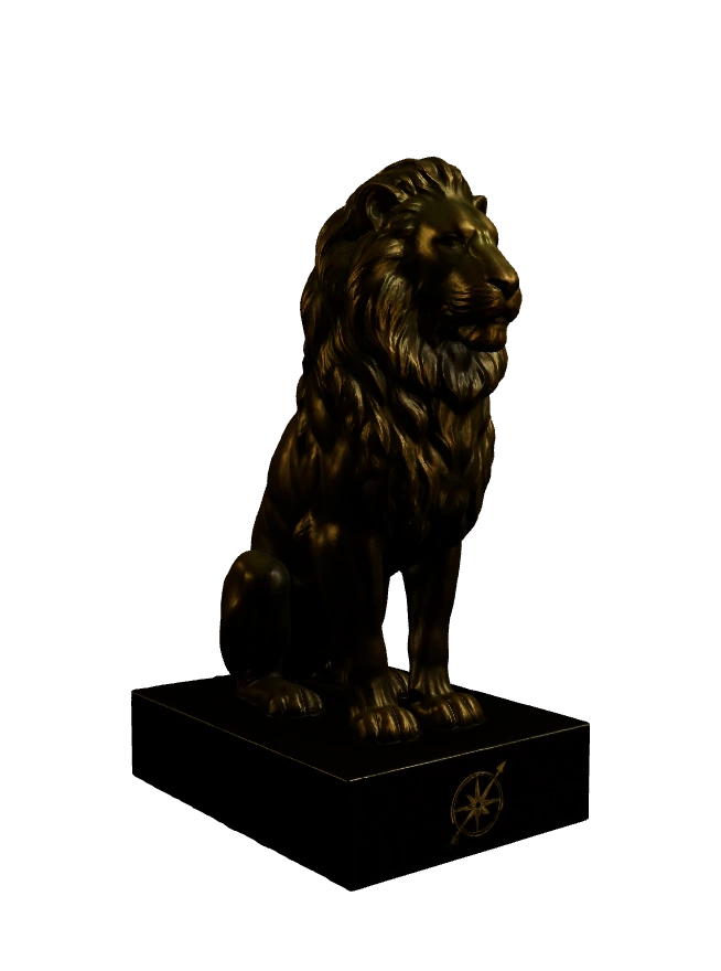 Gold lion sentinel statue standing watch at the Leal Systems highway gate